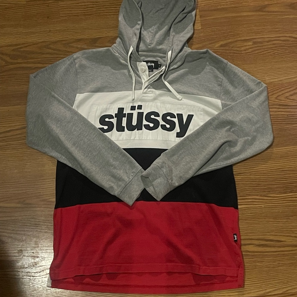 Stussy Gray and Black Color-Blocked Hoodie